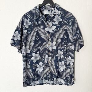Caribbean Pure Silk Short‎ Sleeve Hawaiian Floral Shirt Blue Size Large
